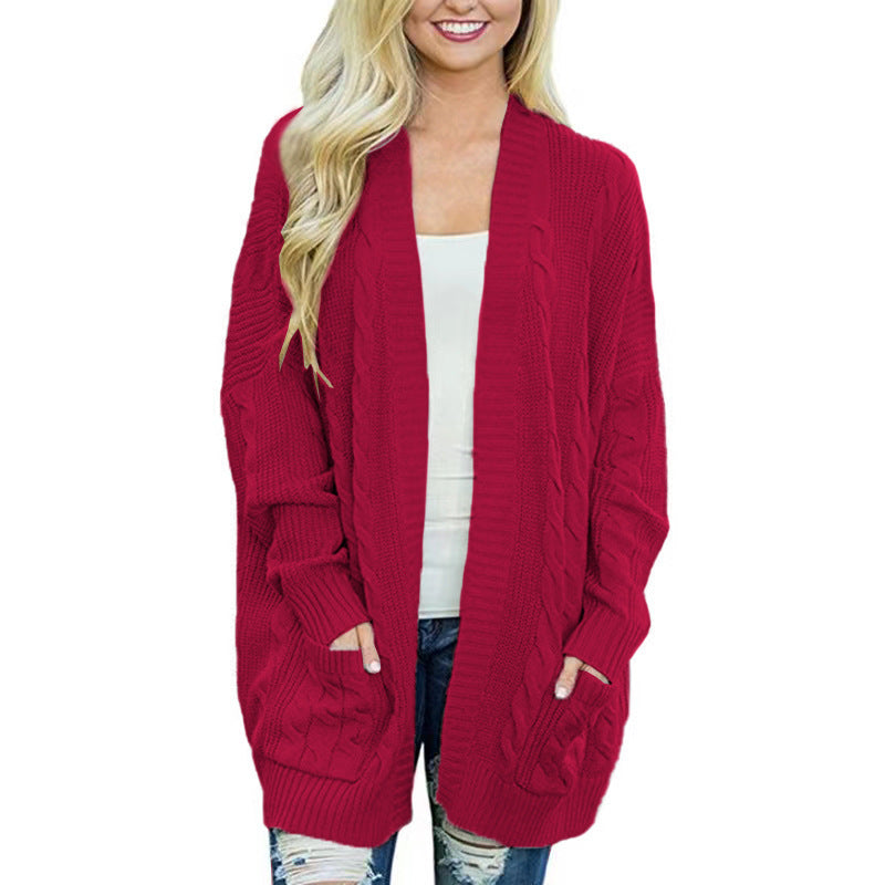Street-wave Women's Cable Knit Cardigan With Generous Pockets Cozy Casual Knitwear