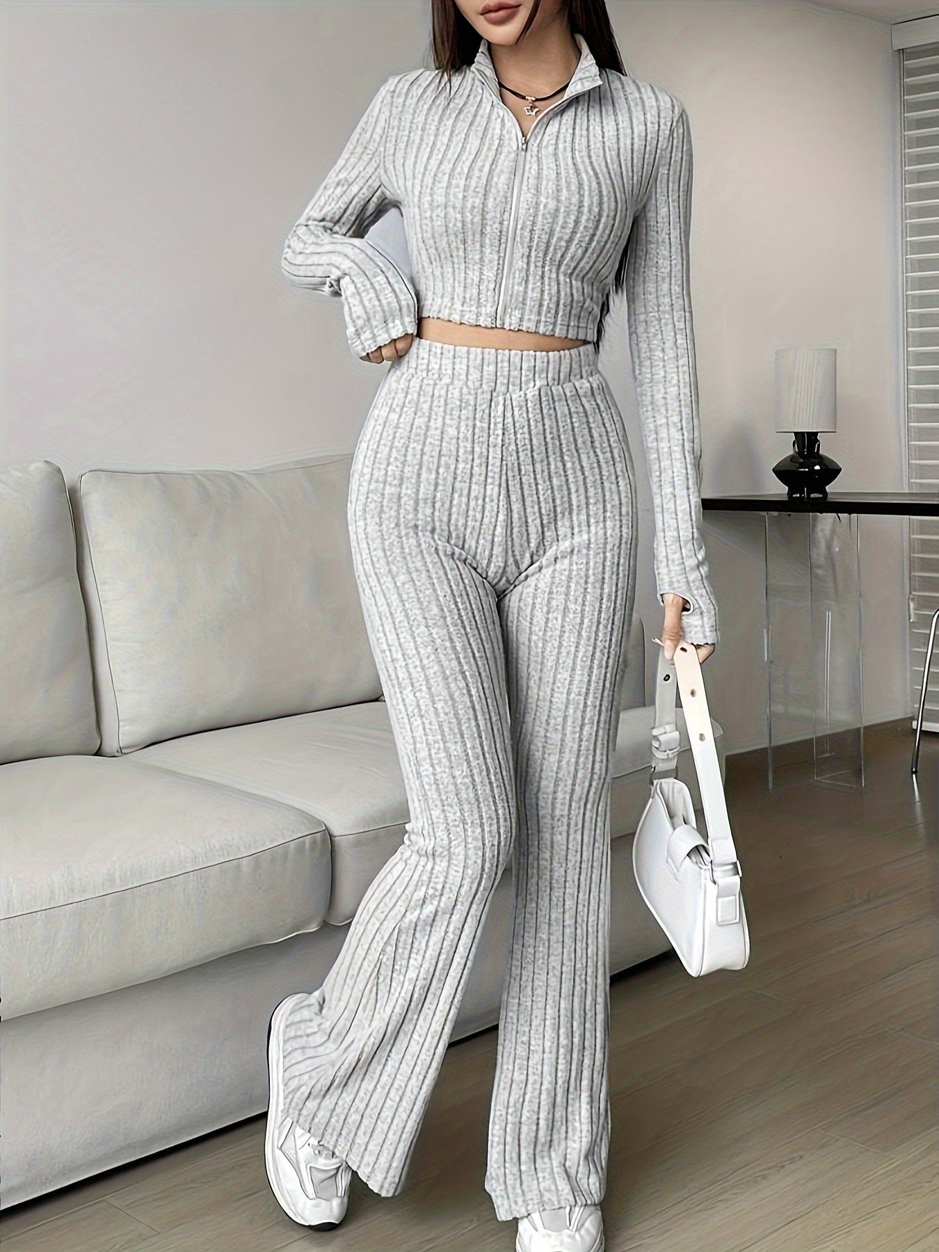 Street-wave Rib Knit Two-Piece Set For Women Cropped Top With Flared Pants Casual Chic Comfort
