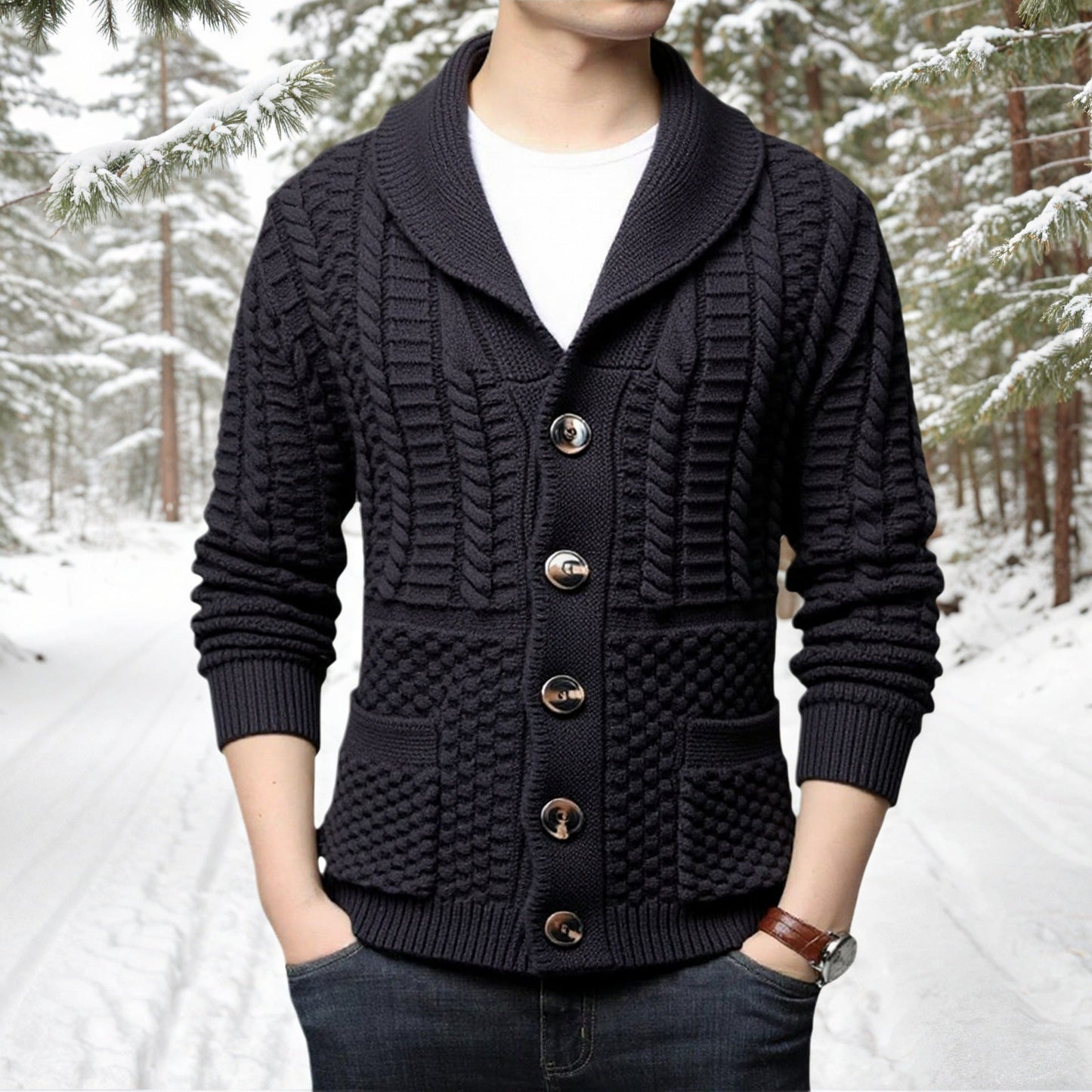 Street-wave Men's Cable Knit Cardigan With Deep V-Neck And Cozy Warmth For Winter Style And Cold Weather Comfort