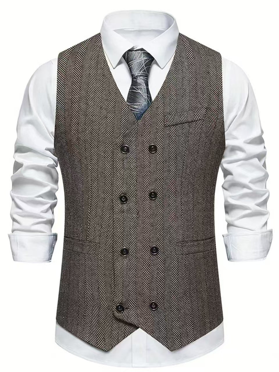 Streetwave Herringbone Waistcoat Mens Elegant Formal Wear Double Breasted Six Button Front