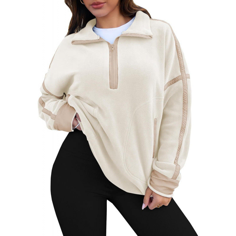Street-wave Womens Fleece Pullover Half Zip With Contrast Sleeves For Cozy Warmth And Everyday Comfort