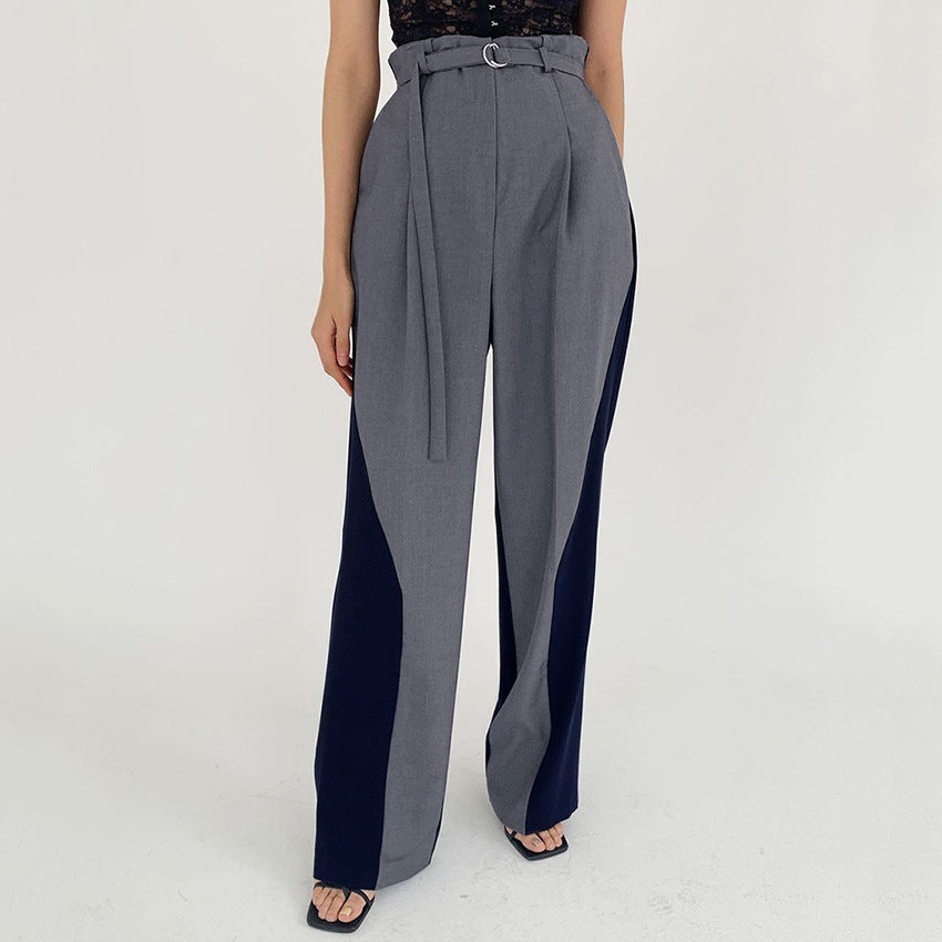 Women's Pants – High Waist – Wide Legs – Belt with Ring – Colorblock Design