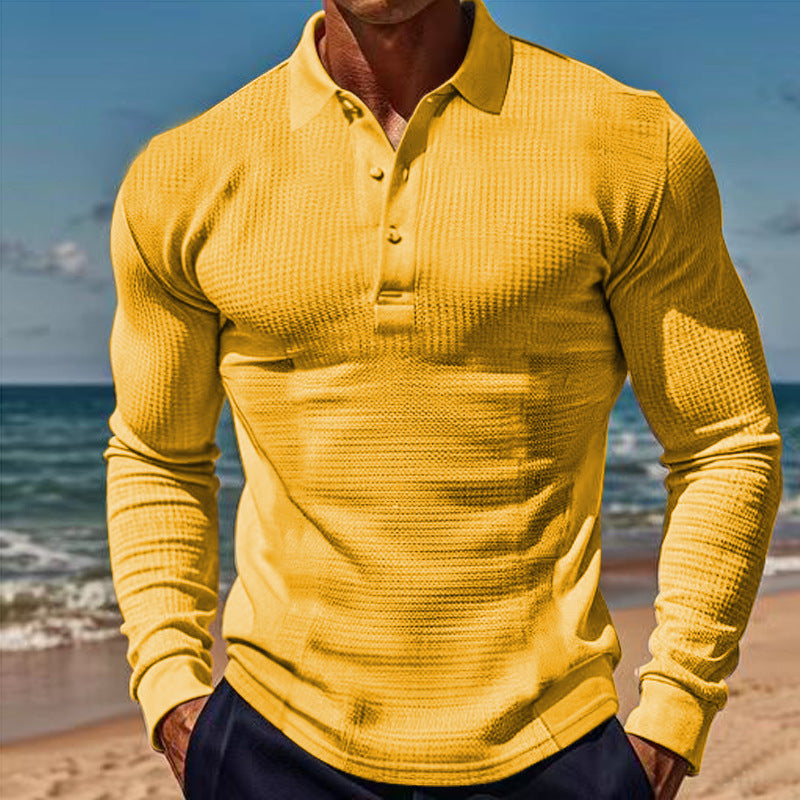 Mens Elegant Long Sleeve Polo With Button Placket Street-wave Structured Texture For Men