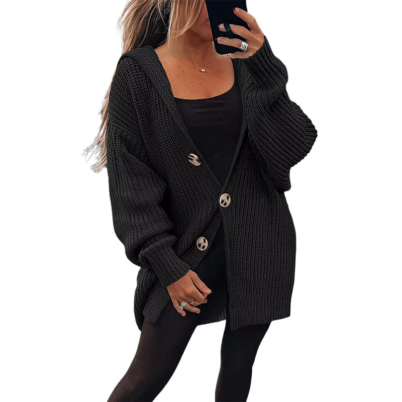Street Wave Women's Oversized Knit Cardigan With Wooden Buttons Cozy Soft Comfort