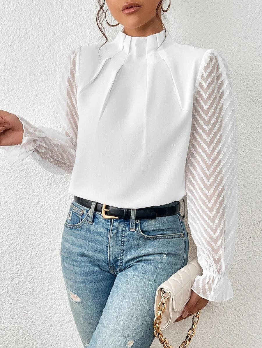 Street-wave Pleated Collar Blouse With Sheer Sleeves For Women, Chic Versatile Top