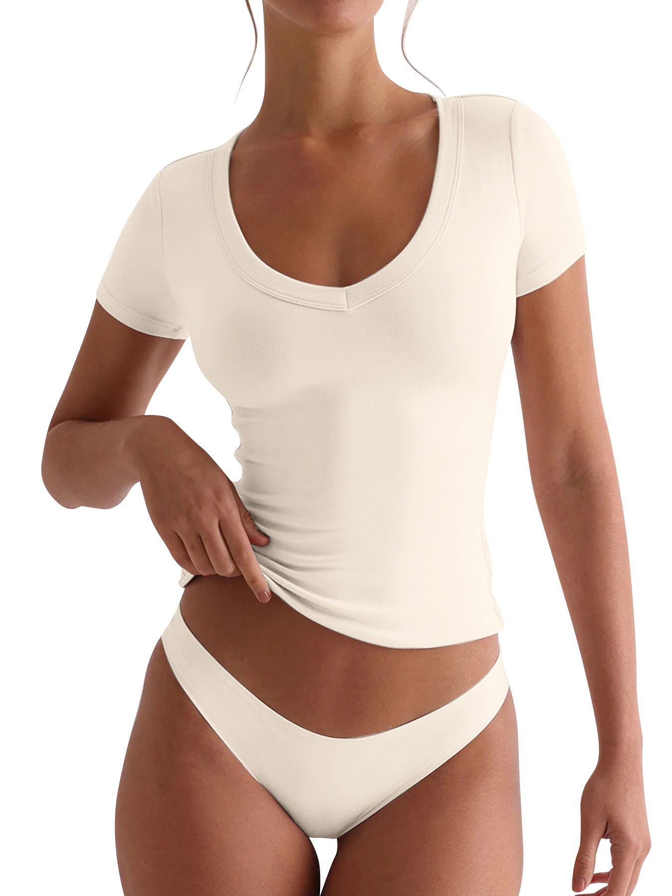 Street-wave Women's Fitted V-Neck T-Shirt Short Sleeves With Figure-Flattering Fit