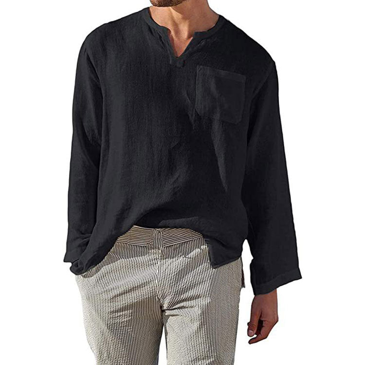 Street-Wave Men's Linen Henley Shirt Long Sleeve With Chest Pocket Breathable Comfort