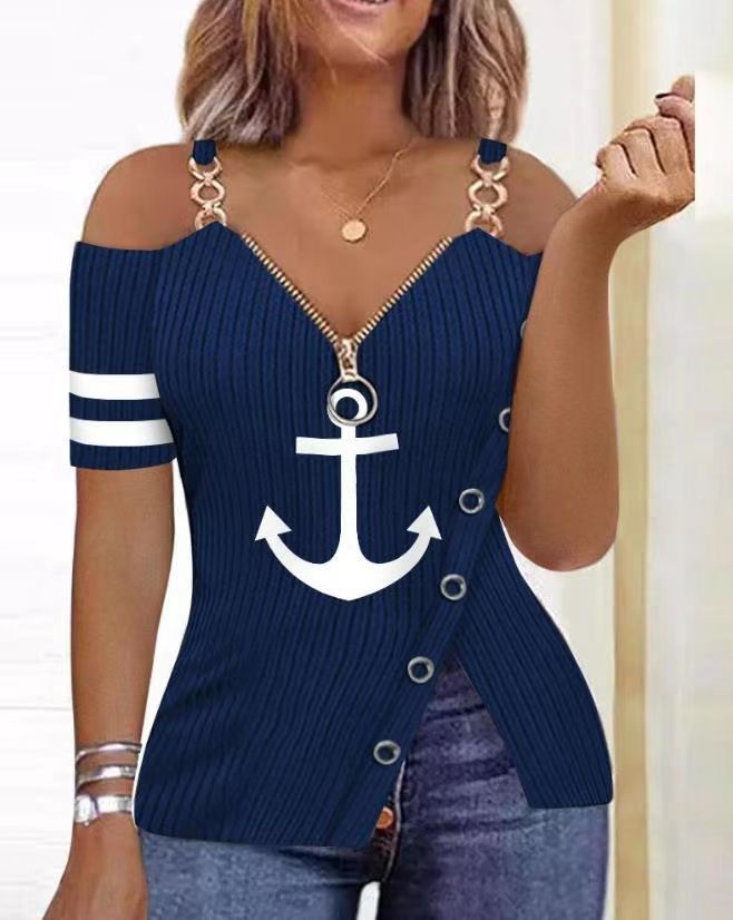 Street-wave Anchor Print Off Shoulder Top For Women, Navy Blue, Trendy Flattering Fit