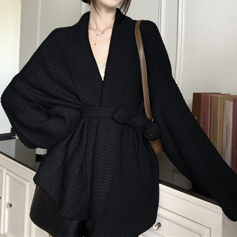Street Wave Cozy Knit Belted Blazer For Women With Voluminous Sleeves Soft Breathable Cardigan Style Jacket