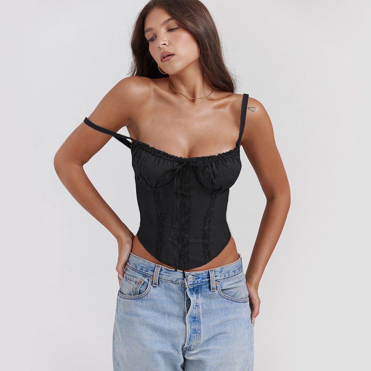 Street Wave Satin Cropped Camisole Top For Women Slim Fit Lace Spaghetti Straps