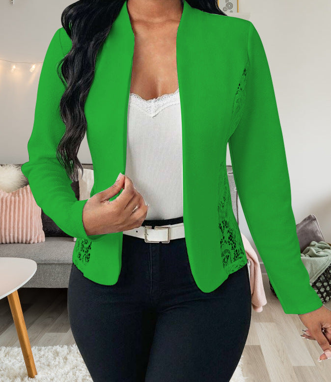 Street-wave Elegant Lace Accent Blazer Jacket For Women, Chic Versatile Office To Evening Wear