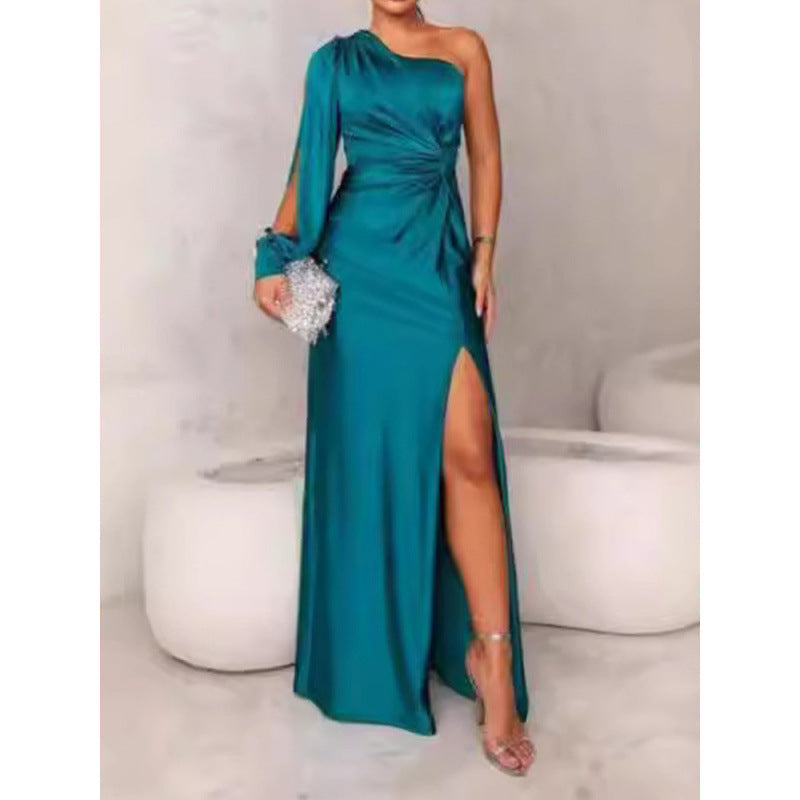 Street Wave Satin One Shoulder Maxi Dress For Women With Slim Fit And High Slit