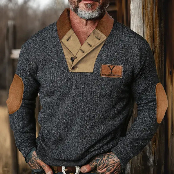 Streetwave Mens Pullover With Contrast Collar And Elbow Patches For Modern Style