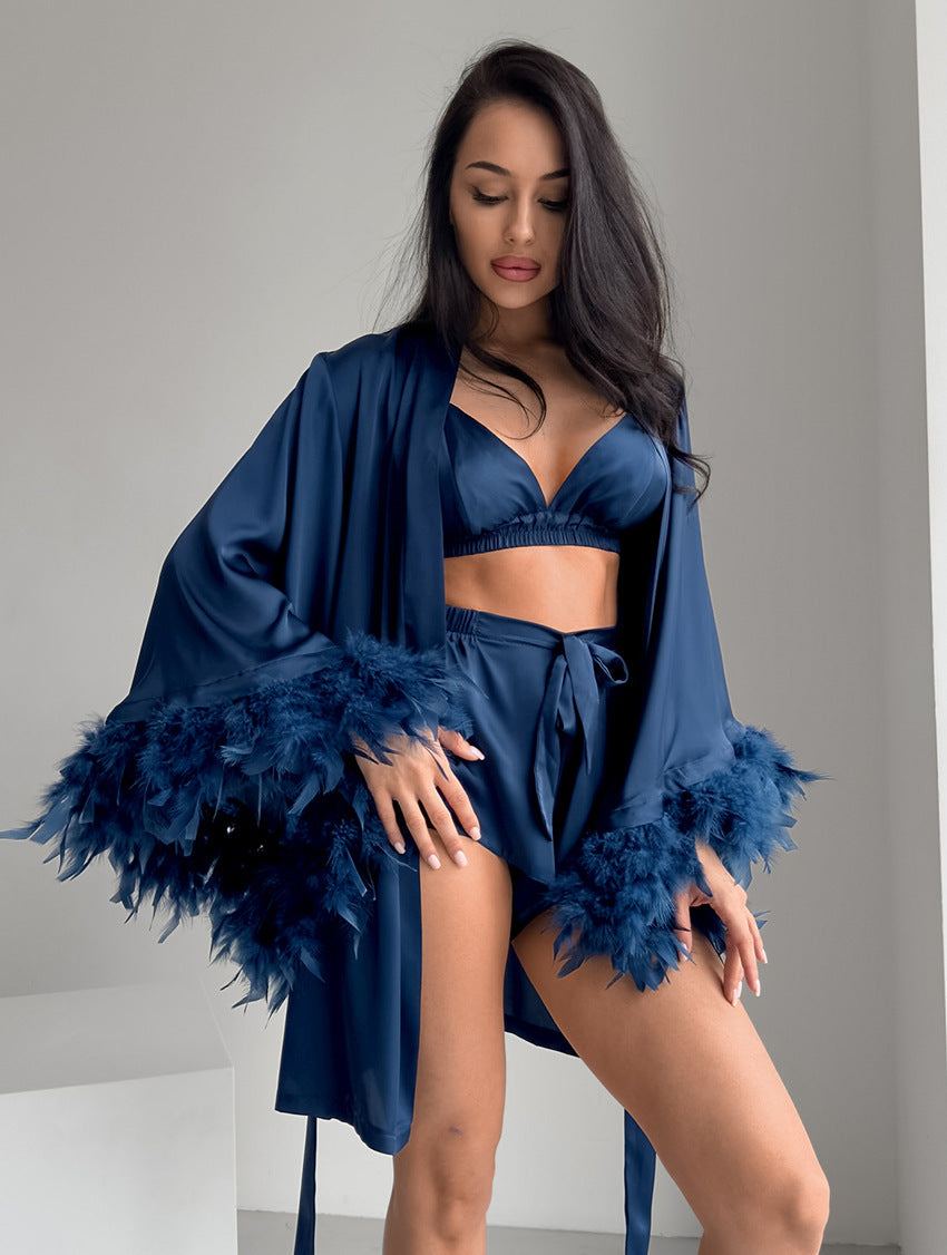 Street Wave Satin Kimono With Feather Trim For Women Luxurious Loungewear And Glam Nightwear