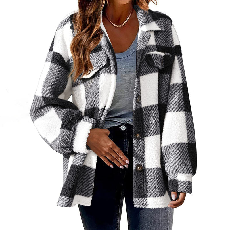 Street-wave Cozy Pink Plaid Coat For Women All Season Warmth With Button Front And Soft Cotton Poly