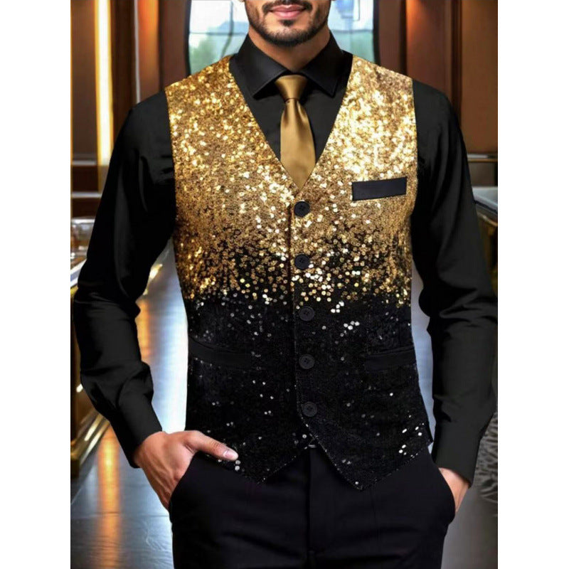 Street-wave Men's Sequin Vest Glittering Festive Shimmer Gold Black Gradient Partywear