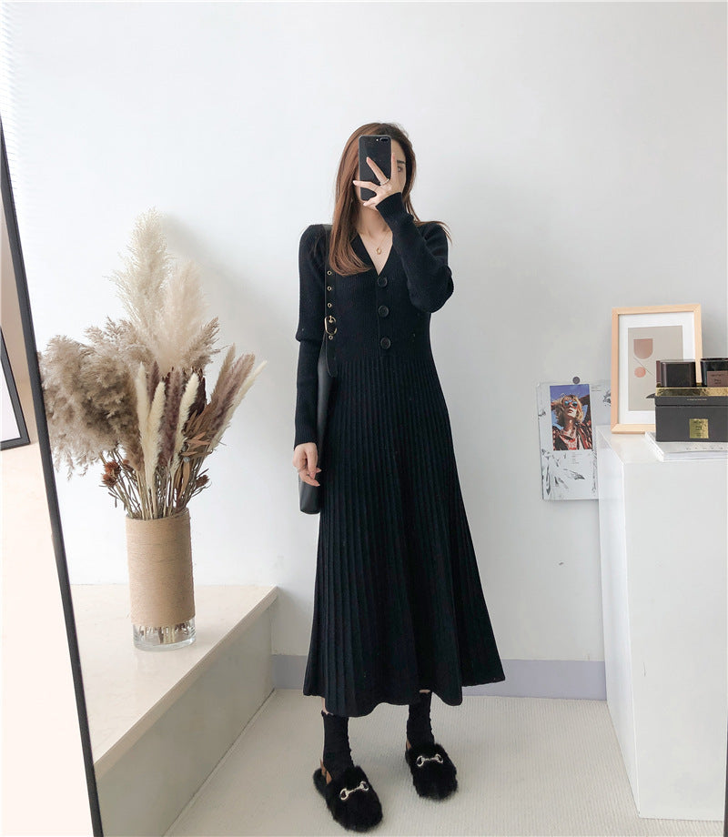 Street-wave Women's Knit Dress With Button Closure And Ribbed Texture Breathable Cotton Blend