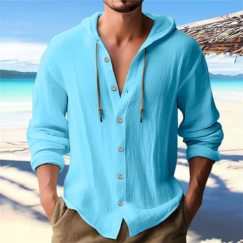 Breathable Cotton Hooded Shirt For Men With Button Front And Adjustable Drawstring Streetwave