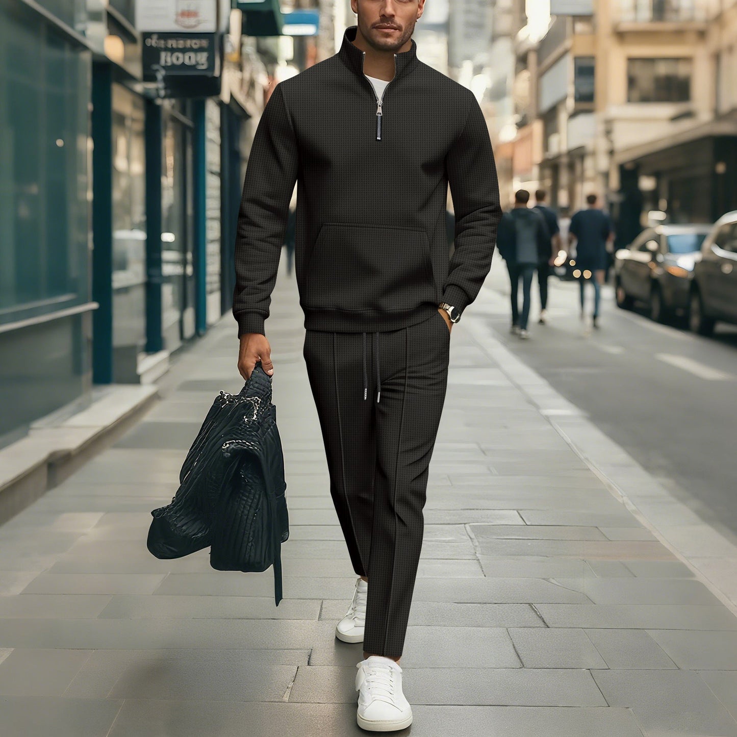 Street-Wave Men's Leisure Sweater Set Zip Closure Elastic Waistband Breathable Comfort For Modern Men