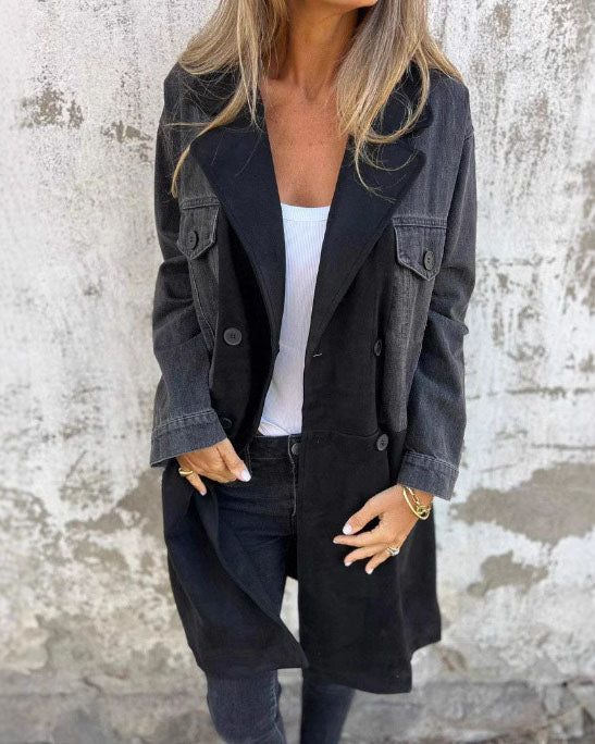 Street-wave Denim Patchwork Mid Length Coat For Women Notch Lapel Chic Durable Style