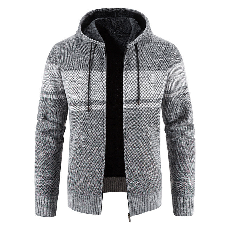 Mens Hooded Cardigan With Contrast Stripe Pattern By Street Wave Warm Knit Jacket