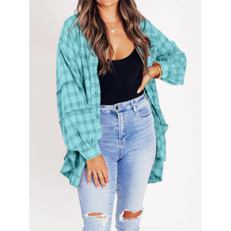 Street-wave Women's Casual Carrot Jacket With Wide Sleeves Plaid Flannel Shacket For Everyday Style