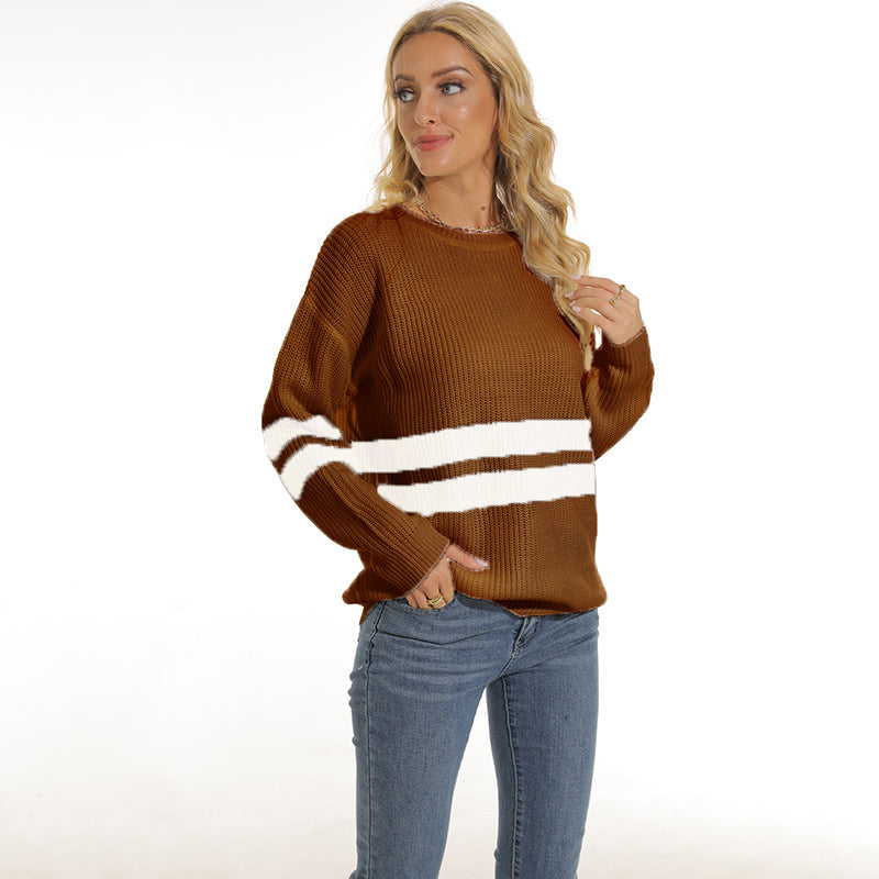 Street-wave Women’s Chunky Knit Sweater With Sport Stripe Pattern, Relaxed Fit, Cozy Everyday Warmth