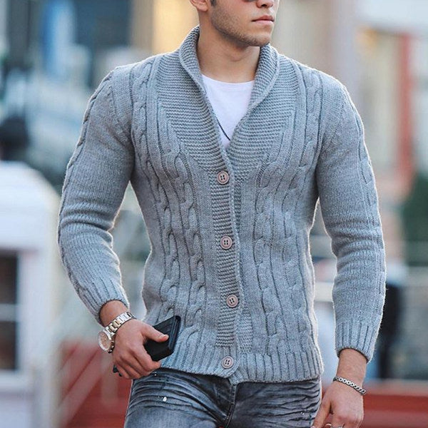 Street-Wave Men's Cable Knit Cardigan With Shawl Collar For Cozy Warmth And Modern Style
