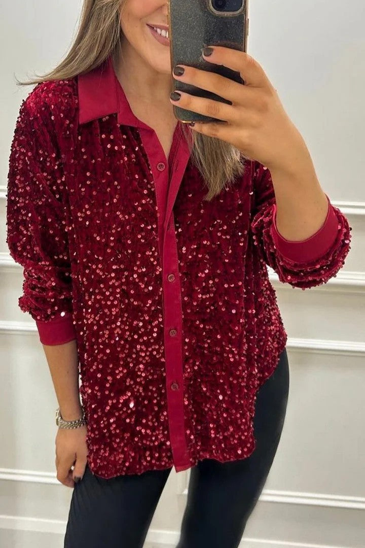 Street-Wave Womens Sequin Blouse With Classic Collar Sparkling Evening Glamour Top