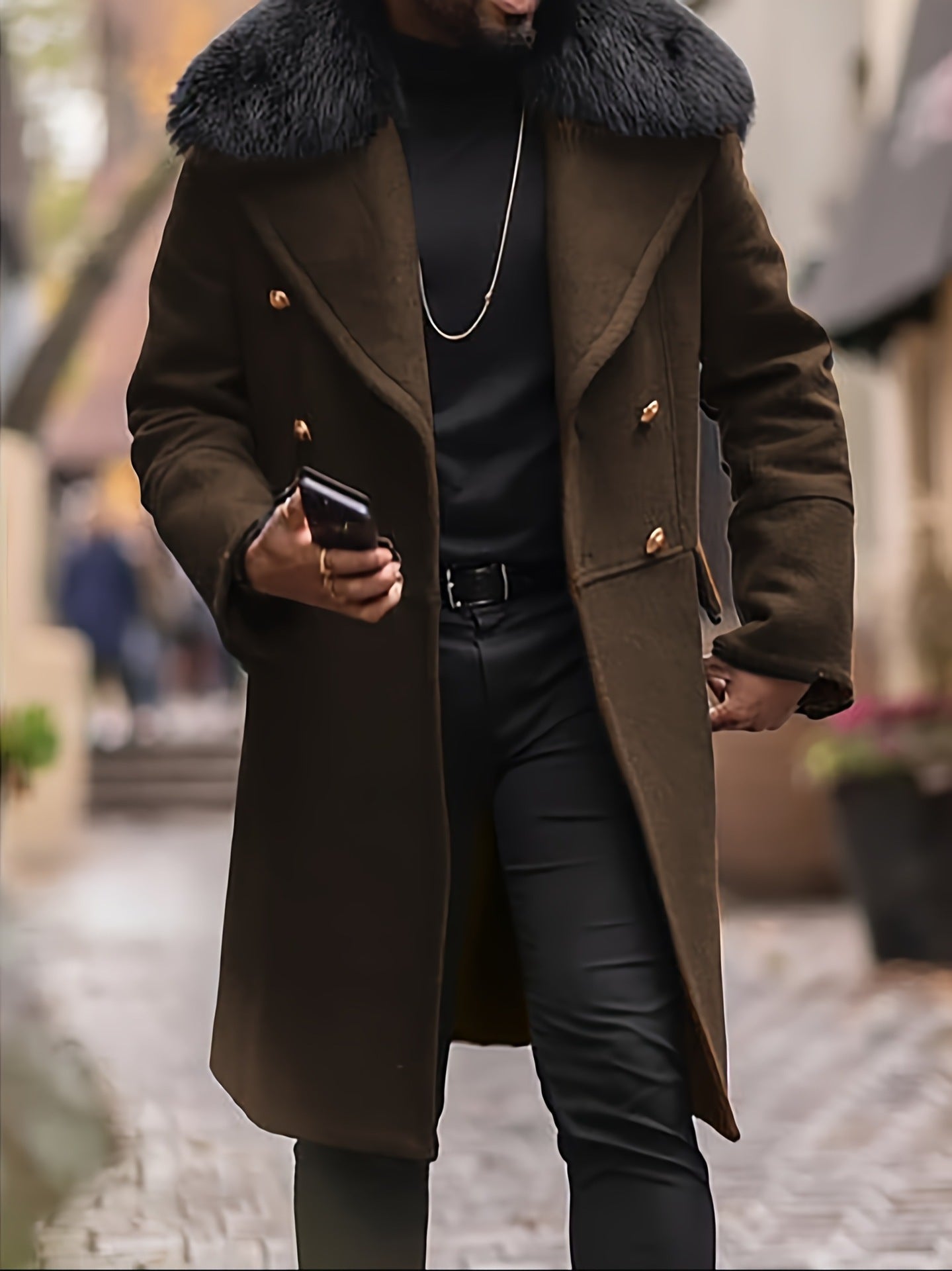 Street-Wave Mens Elegant Long Coat With Fur Collar