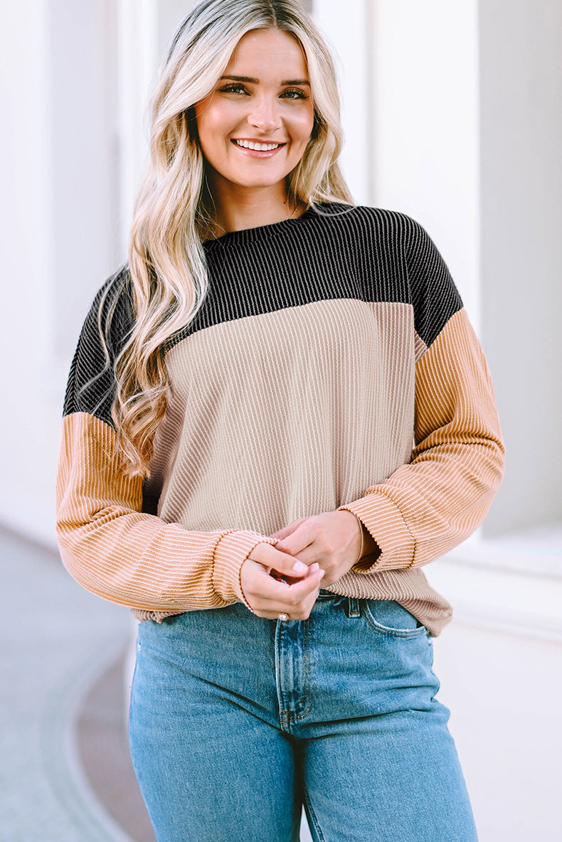 Street-Wave Women's Ribbed Knit Sweater With Color Block Casual Cozy Pullover For Women