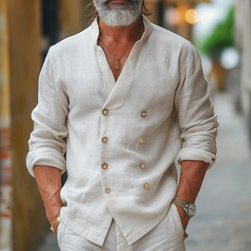Street-Wave Double Breasted Linen Shirt For Men Elegant Breathable Everyday Wear
