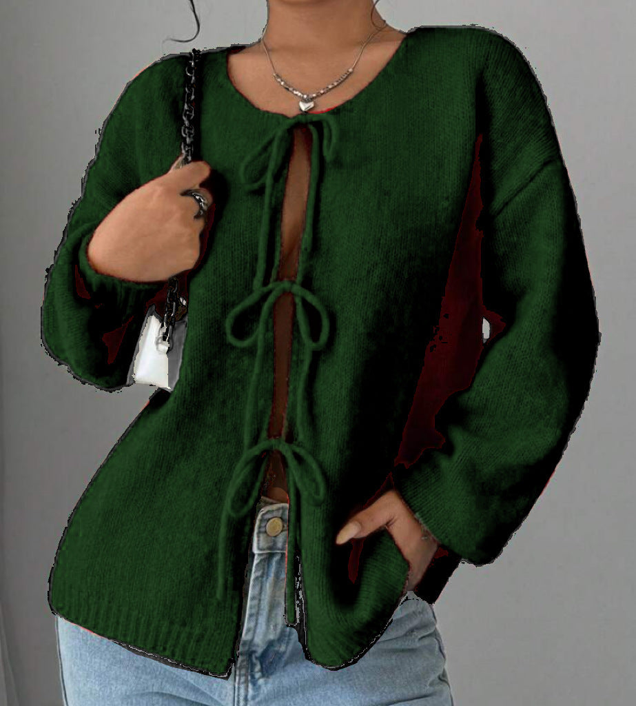 Street-Wave Women Oversized Knit Sweater With Decorative Tie-Front Detail For Cozy Everyday Style