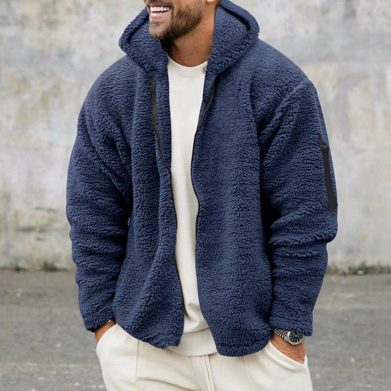 Street-wave Men's Cozy Fleece Jacket With Hood And Zip Pockets For Warm Outdoor Wear