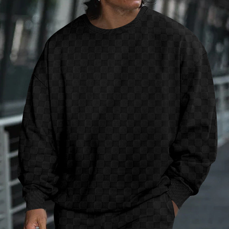 Street-Wave Men's Oversized Sweatshirt With Structured Checkerboard Pattern For Urban Streetwear Enthusiasts