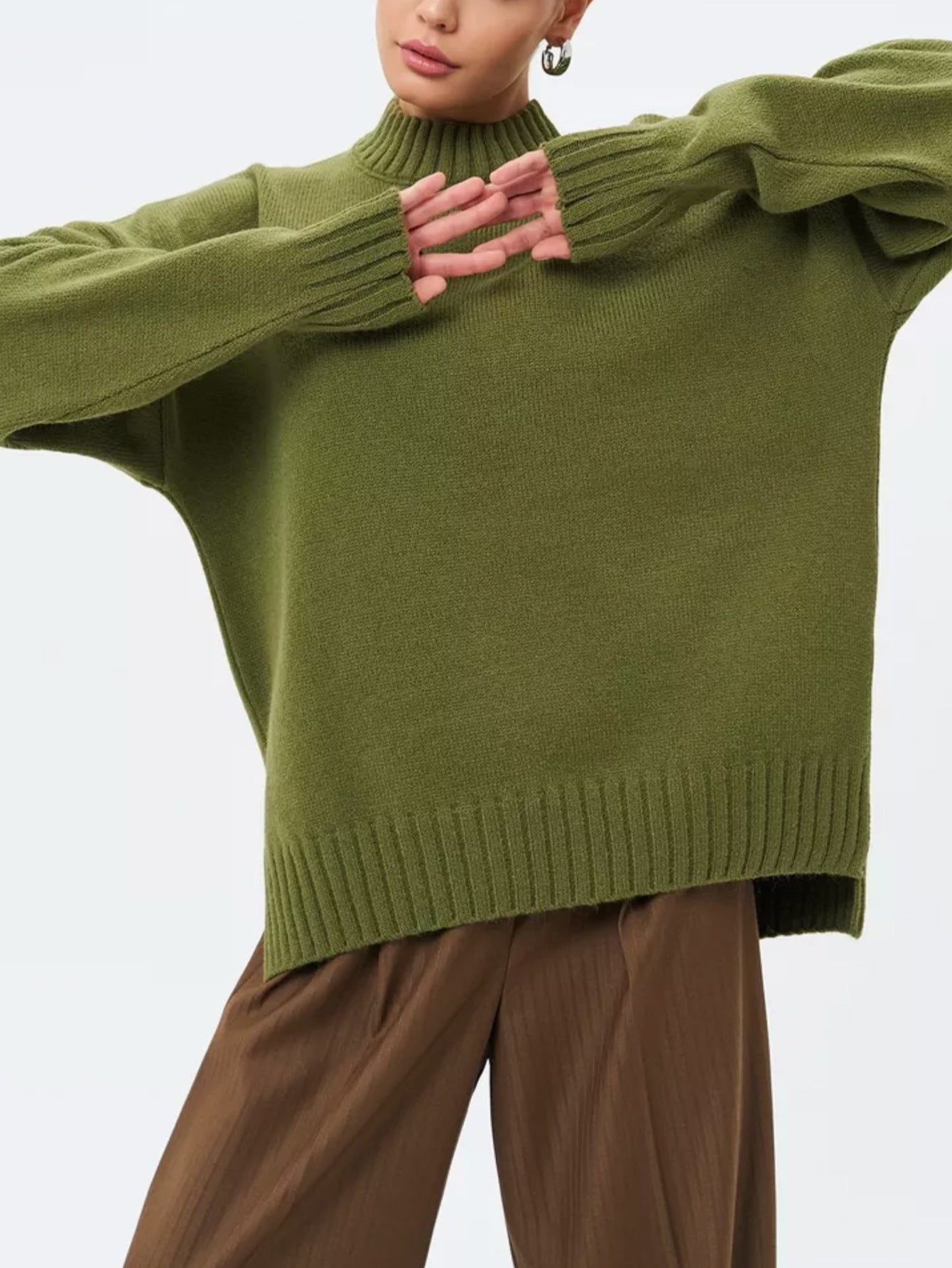 Street Wave Oversized Ribbed Knit Pullover For Women With Effortless Dropped Shoulders And Semi High Neck
