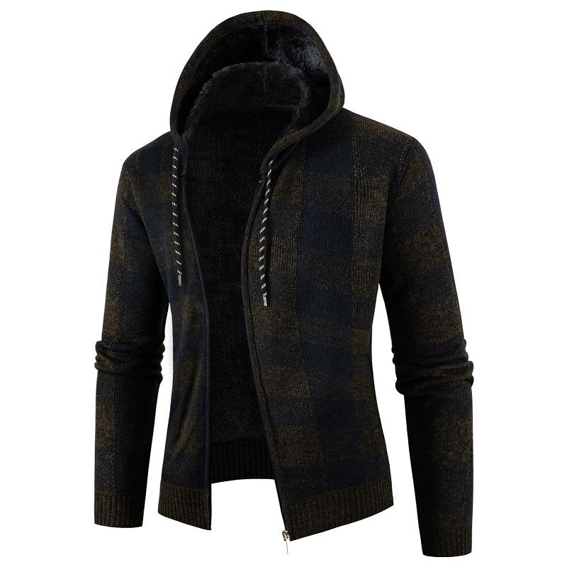 Men's Cozy Hooded Plaid Jacket Street-wave Warm Fleece Lined Winter Outerwear for Casual Wear