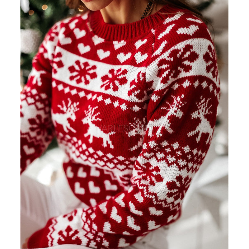 Women's Christmas Knit Sweater With Reindeer Snowflake Hearts Pattern Streetwave Cozy Holiday Jumper