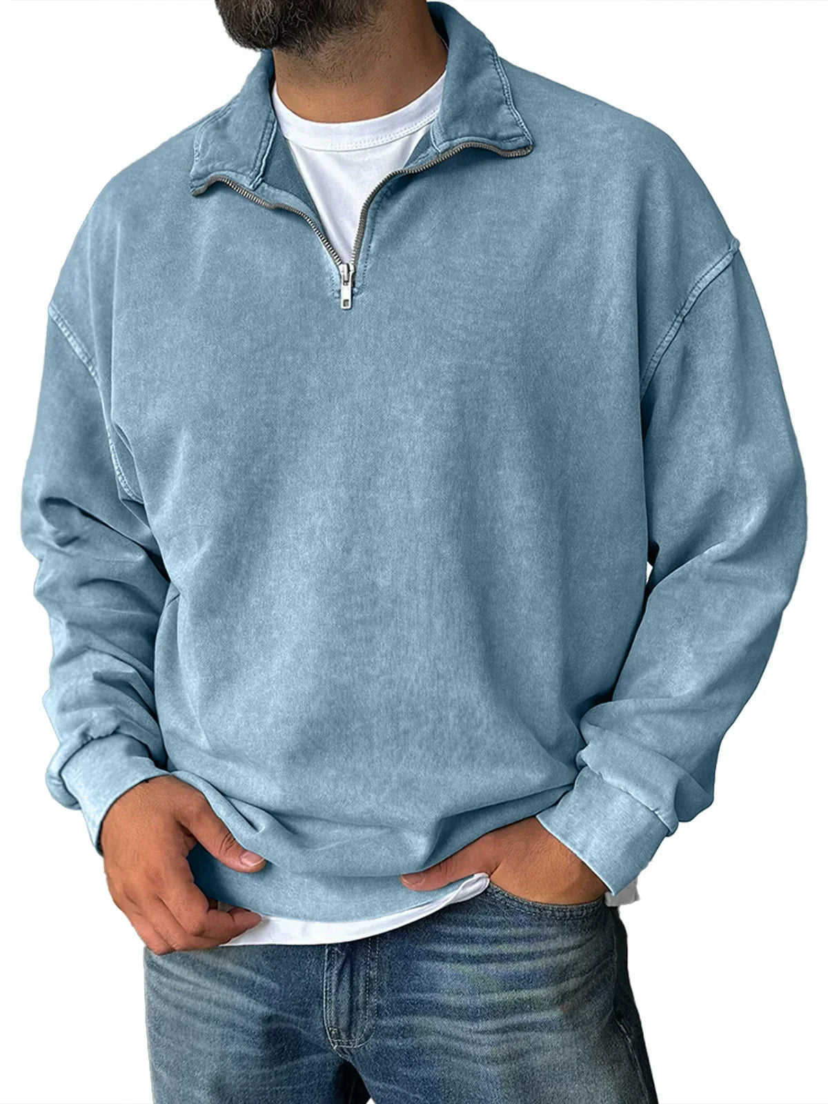 Street-Wave Mens Relaxed Fit Cotton Blend Half Zip Sweatshirt With Stand Collar