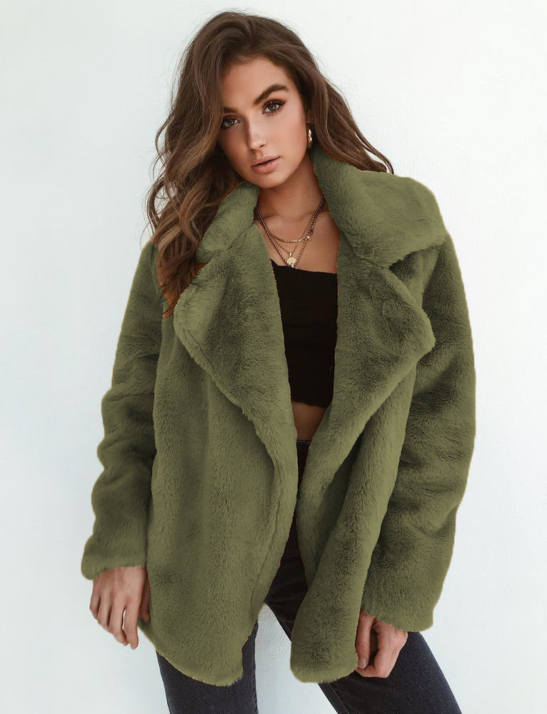 Street-wave Women Cozy Faux Fur Jacket With Elegant Lapel For Plush Warmth And Style