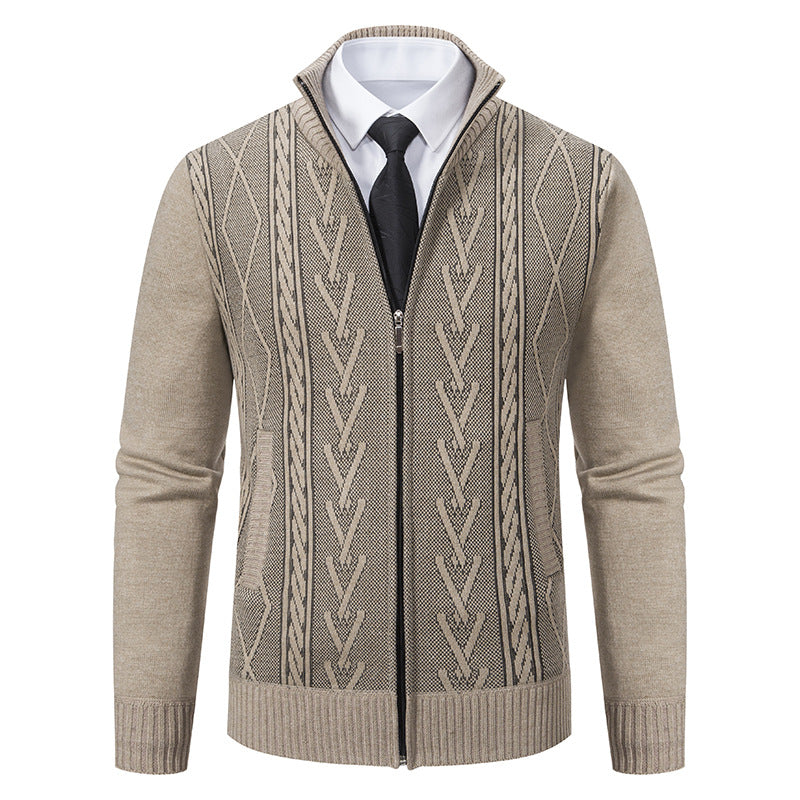 Street-Wave Men's Zipper Cardigan With Elegant Cable Knit Pattern For Versatile Formal And Casual Wear