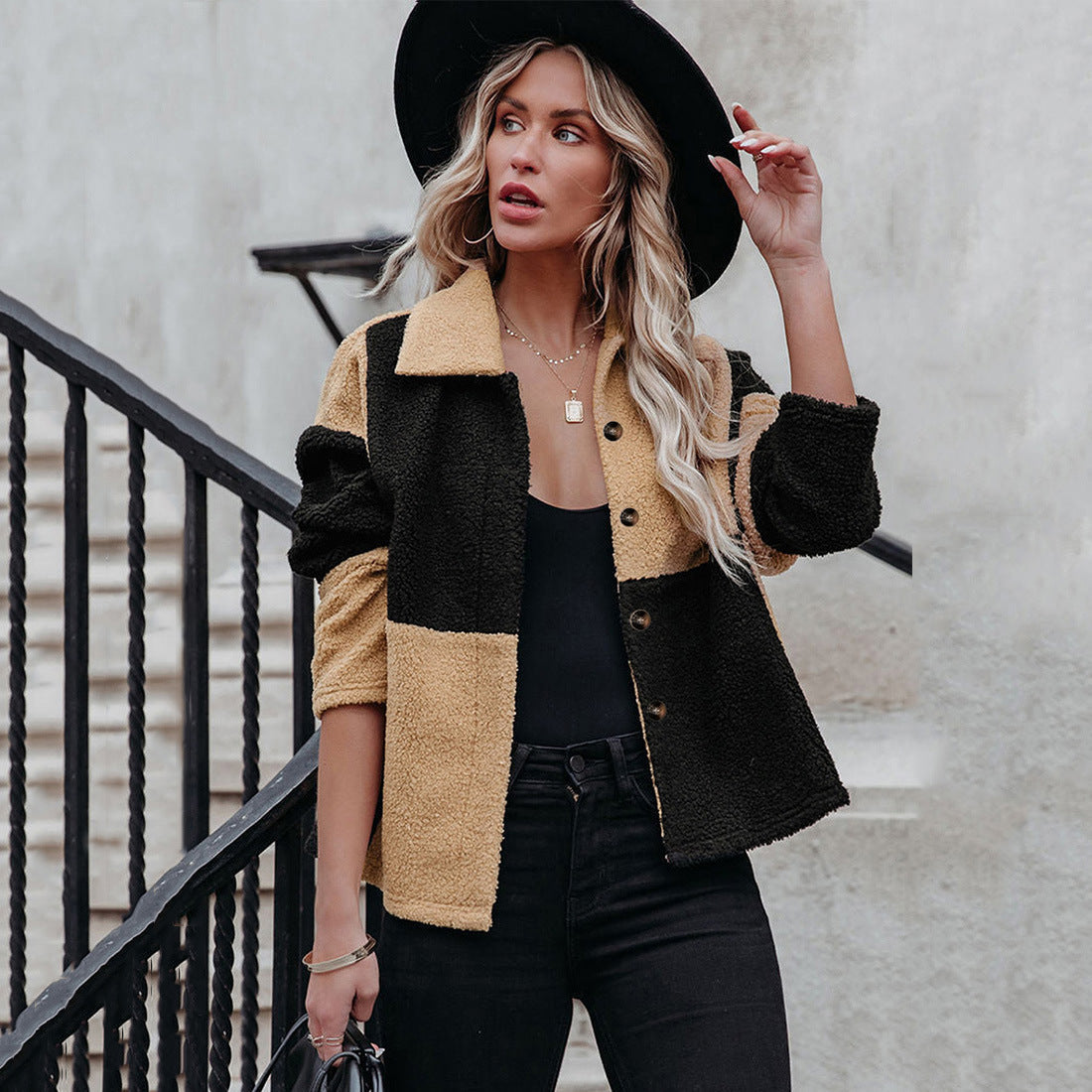 Womens Cozy Teddy Jacket With Statement Collar Street-wave Chic Warmth For Women
