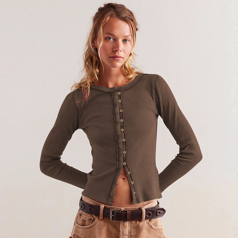 Ribbed Long Sleeve Top With Button Front - Form-Fitting Street-wave For Women, Everyday Essential