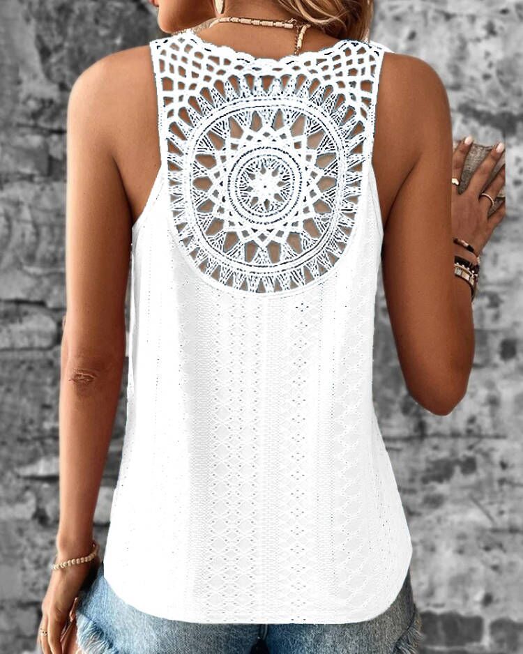 Street Wave Womens Sleeveless Top Relaxed Fit V Neck Crochet Lightweight