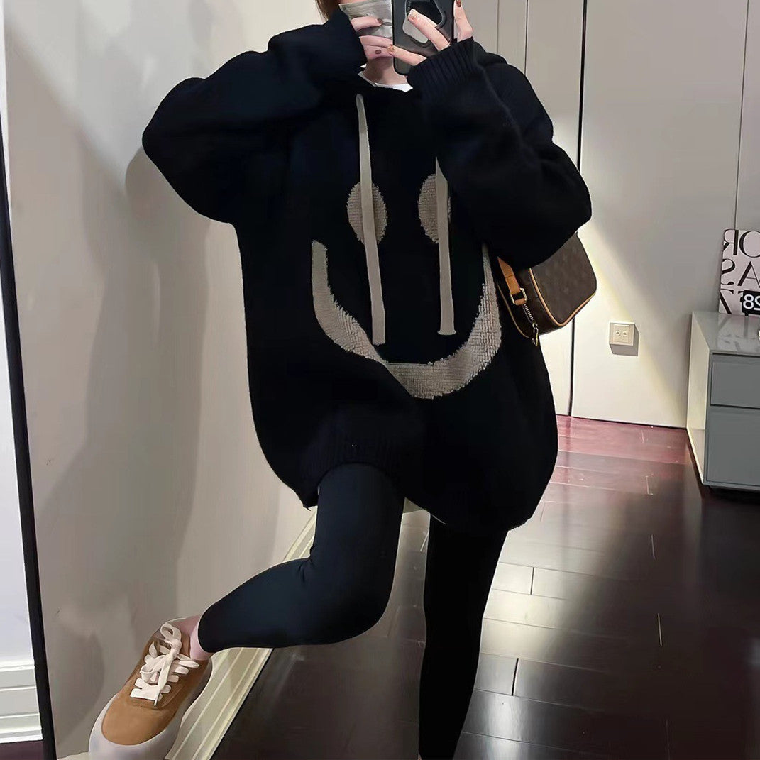 Streetwave Women Smiley Face Oversized Hoodie Pullover for Casual Comfort and Playful Style