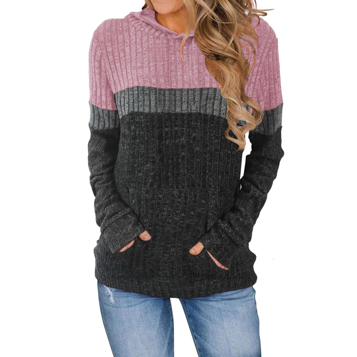 Women Hooded Sweatshirt Street-wave Color Block Cozy Breathable Cotton Blend Pullover