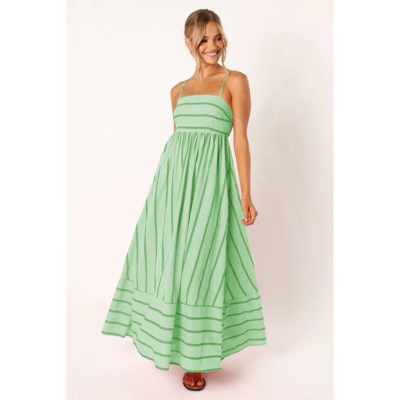 Street Wave Women Striped Maxi Dress With Elastic Waist For Elegant Breathable Comfort