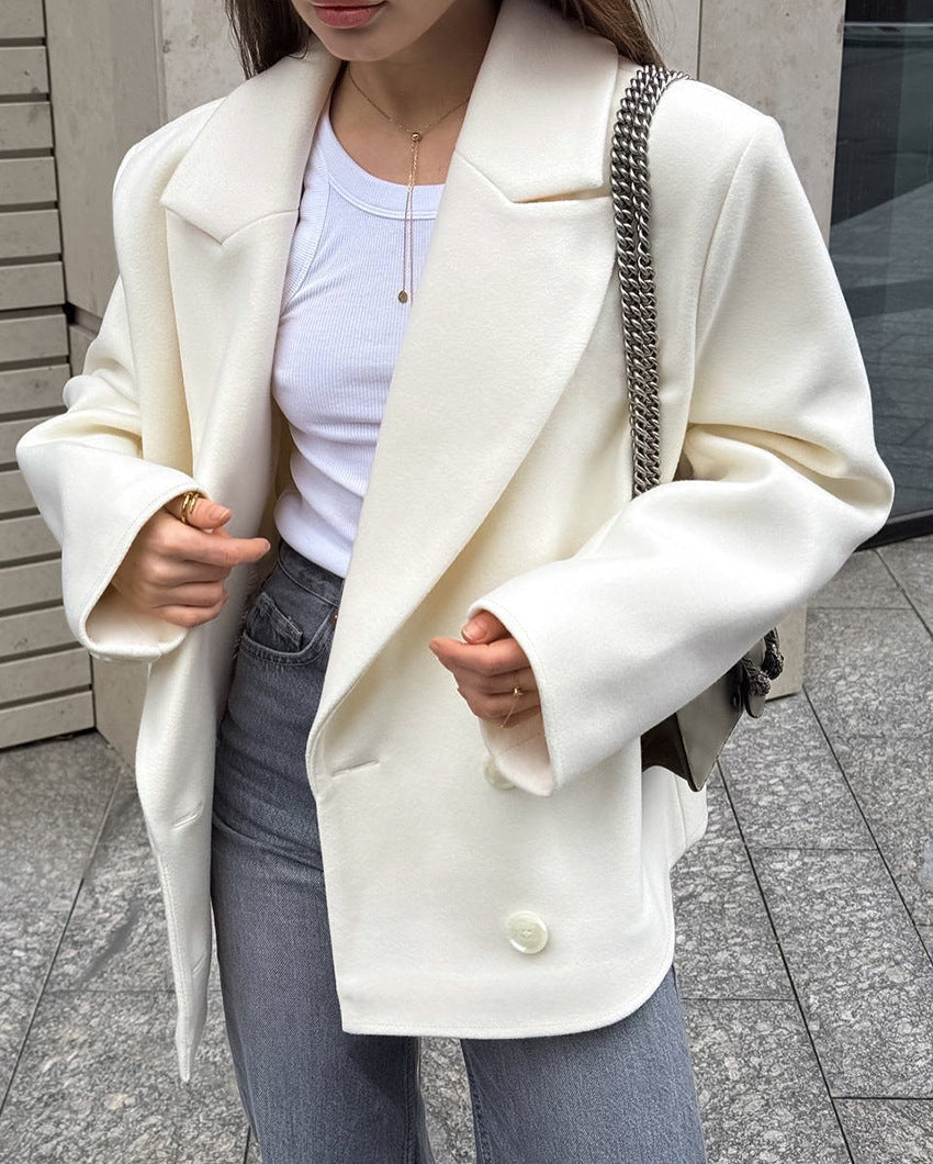 Street-wave Wool Double Breasted Beige Jacket For Women Versatile Office To Evening Elegance