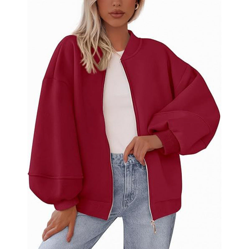 Streetwave Women Oversized Bomber Jacket With Zipper And Balloon Sleeves Casual Comfort