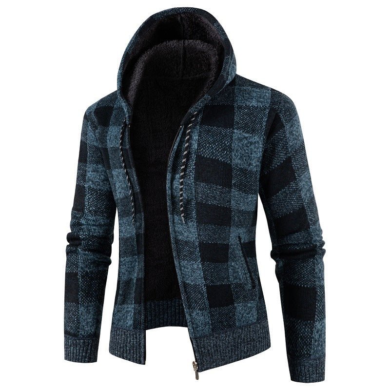 Men's Cozy Hooded Plaid Jacket Street-wave Warm Fleece Lined Winter Outerwear for Casual Wear